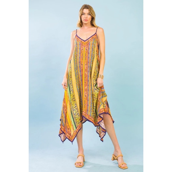 Flying Tomato Boho Print V Neck Sleeveless Hanky Hem Midi Dress - Picture 3 of 10